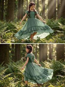 Tween Girl Contrast Lace Cap Sleeve Hollow Back Ruffle Hem Dress - Dusty Blue - View 5