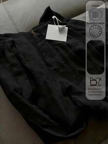 白色阔腿裤，优雅女士长裤，适合伊斯兰节日穿着，新款畅销舒适休闲裤，弹性腰带设计，柔软透气亚麻裤，黑色 - 黑色 - 查看 2