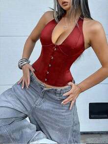 Satin Bustier Crop Top, Front Hook & Rear Tie-Up Backless Design, With Underwire For Waist Shaping, Suitable For Women To Wear At Music Festivals Summer - 紅色2 - 查看 5