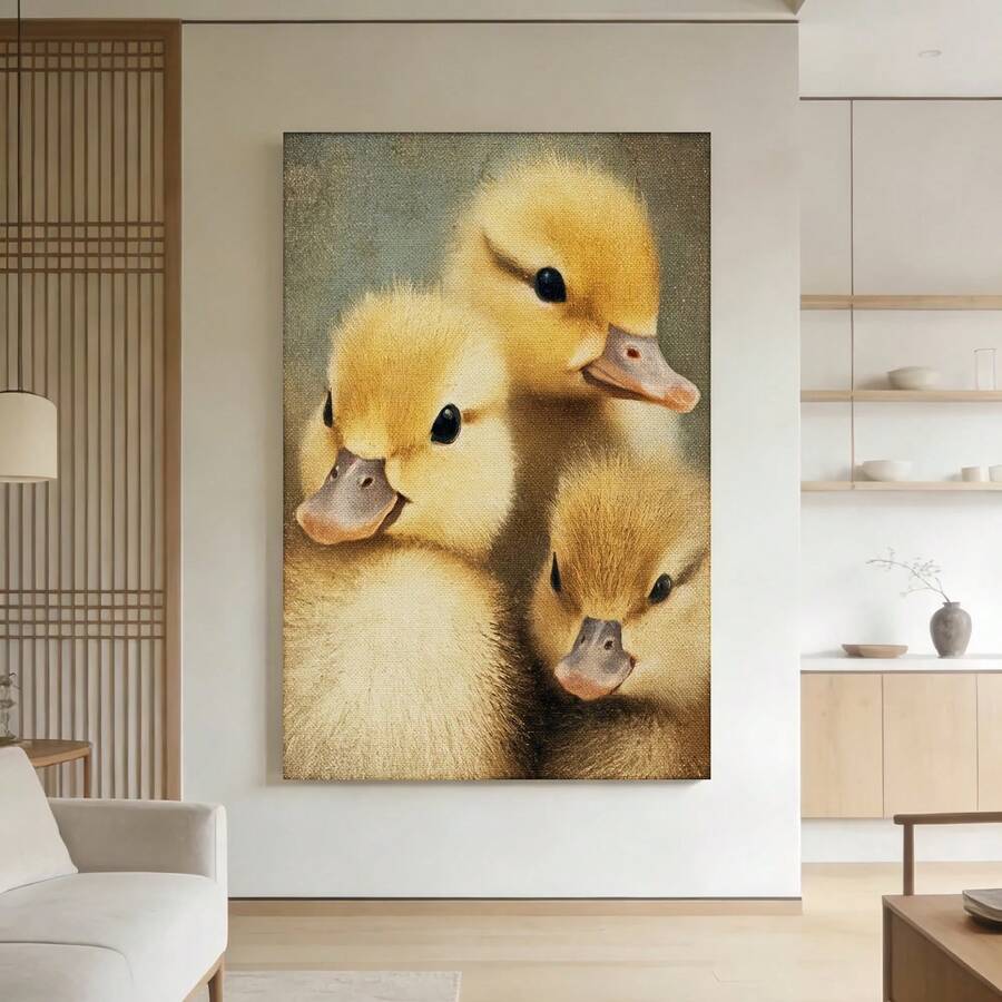 Enmarcado 1 pieza, con marco,  [2D Plano] Arte Divertido Estilo Manga Adorables Patitos Lienzo, Arte Vintage de Animales de Granja, Impresión de Patitos Lindos, Decoración Rústica de Guardería, Arte Acogedor Cottagecore, 2D Plano - Enmarcado - Ver 1