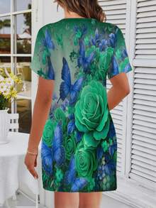Women's Emerald Green Rose Butterfly Floral Graphic Tee Dress Casual Cute Top For Summer Soft Breathable Fabric Fashion Fashion Gift For Ladies Night Out - 彩色 - 查看 2