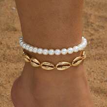 2 piezas Elegante y lujoso diseño creativo exagerado de moda Pulsera de tobillo elástica hecha a mano con perlas falsas + 1 pieza Conjunto de pulsera de tobillo con concha de metal conectada, adecuada para la playa, vacaciones, viajes, puede usarse como regalo - Blanco + Oro - Ver 6