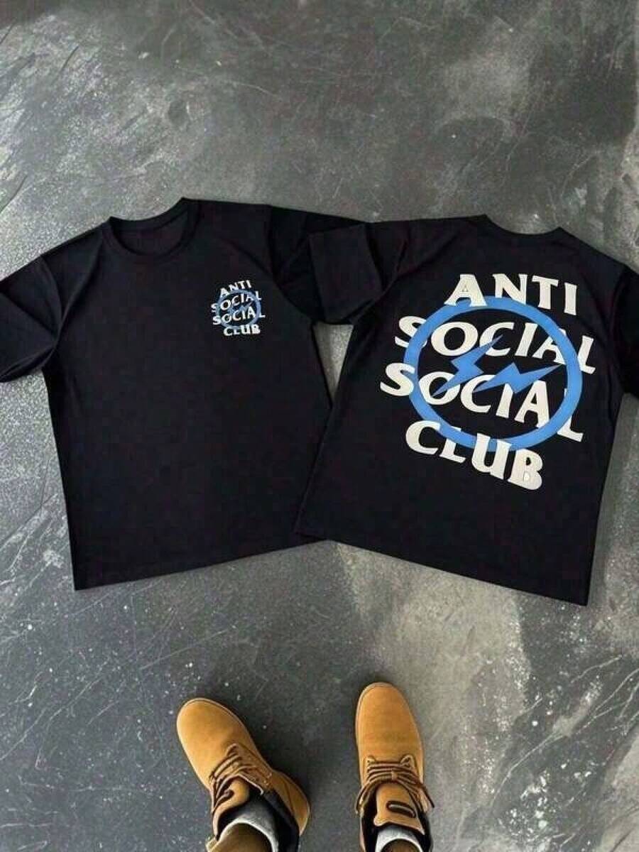 T Shirt Print ,Graphic-Cotton Tees Size Plus, Cartoon Round Neck Short Sleeve, Anti Social Club Lightning Bolt 1pcs Men's 100% Cotton Tee Streetwear Double Sided Digital Printed 220g T Shirt Casual Style Graphic Top YC9M,Y2K,Oversized Shirt Men,With Shirt,Summer Tops,Shirt Suitable - 黑色 - 查看 1