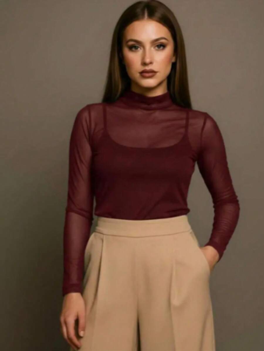 Women's Fashion Long Sleeve Tulle Blouse, Transparent Fabric, Women's Evening Wear - 酒紅色 - 查看 1