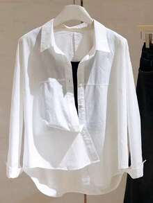 Blusa de manga larga con cuello de botones, de tela tejida blanca, para primavera/verano - Blanco - Ver 5