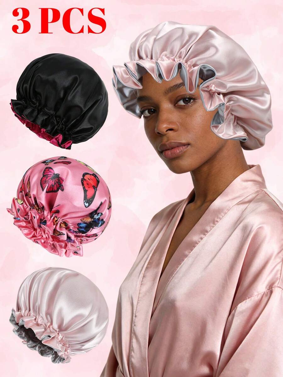 3 buah Topi Mandi Satin Berlapis Ganda dengan Hiasan Renda dan Warna Kontras, Ikat Kepala untuk Rambut Panjang & Pendek - Kupu-kupu merah muda + mawar hitam merah + abu-abu merah muda muda - View 1