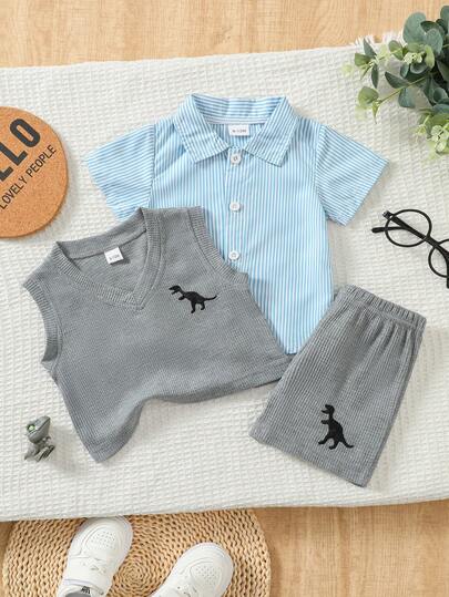 3pcs/Set Baby Boys' Casual Sports Style Classic Polo Collar Button-Up Striped Shirt, V-Neck Sleeveless Black Dinosaur Embroidered Vest, And Elastic Waist Loose Shorts, Spring/Summer