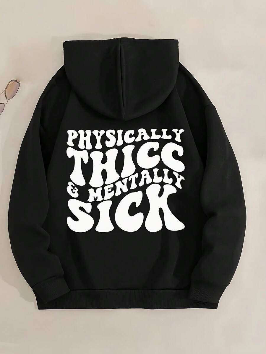 Women's Y2K Oversized Hoodie With "Physically Thick Mentally Sick" Slogan Print - Black & White Casual Pullover Sweatshirt, Kangaroo Pocket, Drawstring Hood, Thick Fabric For Fall/Winter, Body Positive Statement Wear - màu đen - Xem 1
