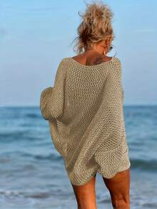 Große Größen Damen Sexy Loose Beach Cover Up mit Ausschnitten, Langarm Rundhals mit Taschen für den Urlaub im Sommer - Khaki - Übersicht 4