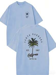 Men's Washed Print Graphic Tees-"Santa Barbara California" Palm Tree Groove Clothing 100% Pure Cotton Double-Sided Printed T-Shirt, Suitable For Men And Women, The Best Gift For Summer Casual Short Sleeved T-Shirt-Streetwear Y2K 100 Percent Cotton Tops, Gifts For Boyfriend And Husband - 淺藍色 - 查看 10
