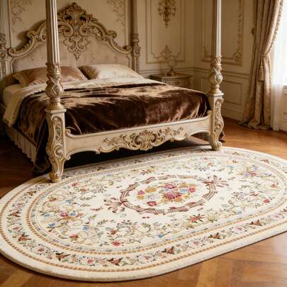 1pc Luxury European Oval Rug - Soft, Plush Floral Pattern With Gold Trim, Machine Washable, Suitable For Bedroom, Living Room Or Entryway Decor, Perfect Holiday Gift For Outdoor Spaces! Scandinavian Minimalist Style Suitable For Living Room Carpet, Home Decor, Suitable For Foyer, Bedroom, Closet, Living Room Carpet, Area Rug, Carpet, Living Room Area Rug, Small Area Rug, Mat, Home Decor, Large Living Room Carpet, Round Carpet, Living Room Home Decor