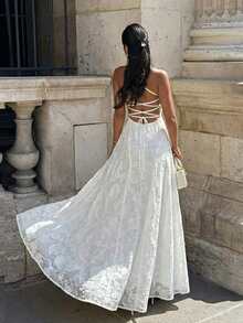 2026春夏新款优雅法式长裙，适合日常、约会、通勤、海滩、度假、办公室、情人节、镂空花卉、生日派对等场合，白色 - 白色 - 查看 2