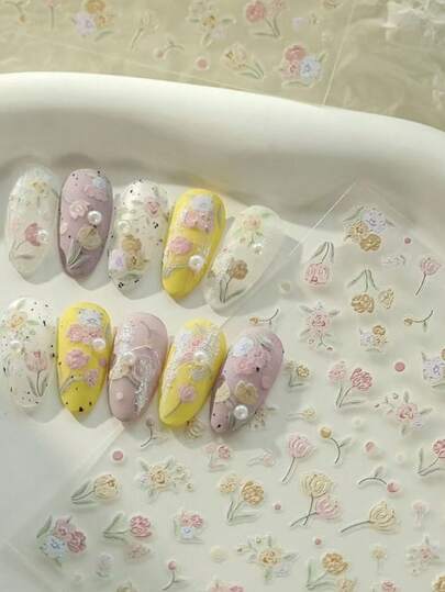 1pc Luxury Floral 3D Embossed Nail Art Stickers, Niche Design Floral Nail Decals, DIY Nail Accessories, Nail Charms, Nail Decorations