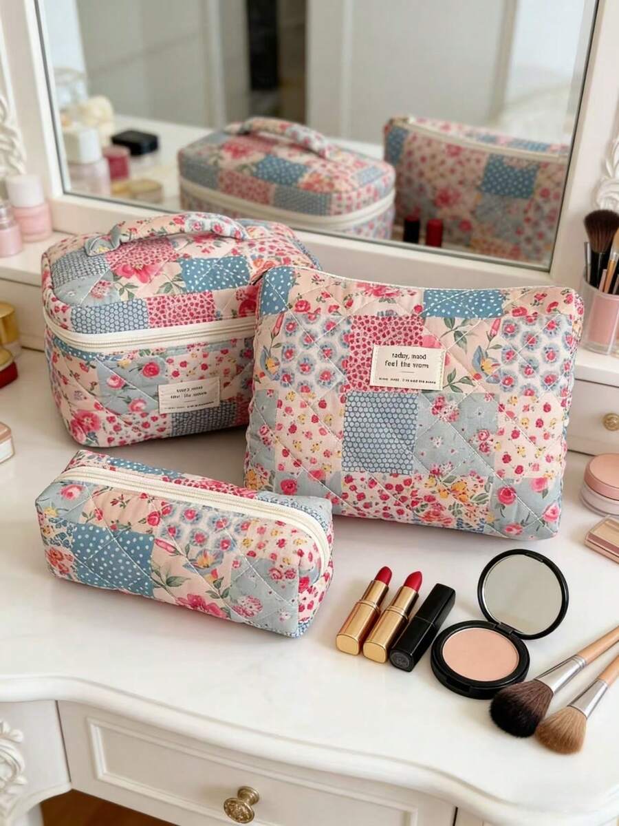 Vintage Elegant Patchwork Pattern Cosmetic Bag Set Fashion Large Capacity Multi-Compartment Handbag, Multifunctional Travel Organizer Pouch Storage Bag For Cosmetics Makeup Tools Etc Holiday Gift Pouch Makeup Pouch Travel Essential - Nhiều màu - Xem 1