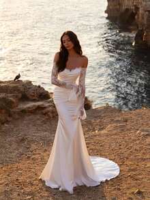 Elegant Sexy Off Shoulder Lace Long Sleeves Pleat Mermaid Satin Wedding Dress,Registry Office Dresses Bridal Gown,Evening Party Dress Birthday Party Dress Country Wedding,Romantic Church Ceremony Wedding Dress,Suitable For Wedding,Dating,Party,Singles' Party,Vacation,Formal Occasions,Dinner Dress,Prom Dress,Homecoming Dess,Cocktail Party,Wedding Guest Dress,Graduation - 白色 - 查看 1
