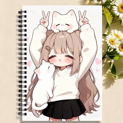 Cahier à spirale avec fille d'anime - Fille d'anime mignonne avec des oreilles de chat et un design en forme de cœur, cahier à couverture rigide, convient pour le bureau et l'école, cadeau parfait pour les enseignants, les étudiants, Noël, anniversaire, Thanksgiving, cahier adorable, fournitures scolaires