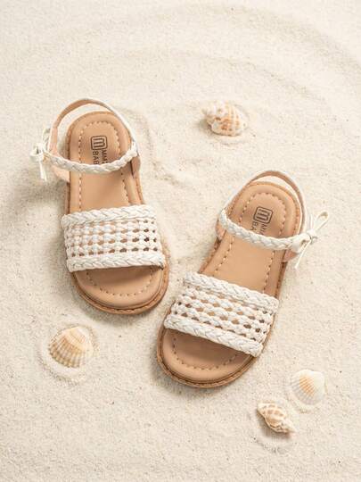 1 đôi dép xăng đan cho bé gái 3-12 tuổi, màu trắng kem, chất liệu PU dệt, trang trí nơ 3D, kiểu dáng Bohemian, đế bằng, thích hợp đi biển, dã ngoại mùa hè.