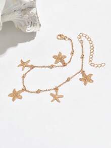 1 chiếc vòng chân nhiều mặt dây chuyền hình sao biển và chuỗi hạt dễ thương, thích hợp cho phụ nữ đi nghỉ mát ở bãi biển. - Vàng - Xem 2