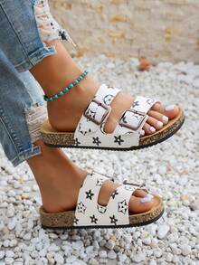Sandalias planas tipo de estilo vacacional cómodo y desenfadado para pareja, con diseño de correa y hebilla, suela de madera suave y versátil, estilo vacacional de uso unisex para playa, interior y exterior - Blanco - Ver 5