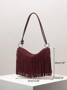 Vintage Suede Fringe Shoulder Bag, Burgundy Work Bag For Women, Elegant Wallet For Women, Vacation Essentials, Gifts For Women (Pattern Varies) - Burgundy - View 7