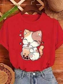Camiseta Feminina Gato Fofo Milkshake Estampada Algodão Casual Confortável - Vermelho - Visão 2