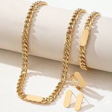 1 Set Stainless Steel 18K Gold Plated Smooth Chain Necklace, Bracelet, Earrings, Ring Jewelry Set For Women - Rectangle - View 1