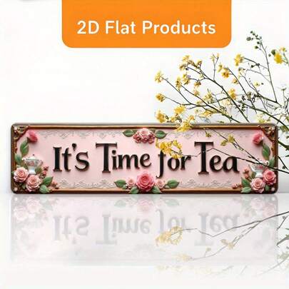 1 chiếc trang trí tường bằng kim loại phẳng 2D kiểu cổ điển "Giờ trà chiều" - Màu hồng và vàng, trang trí tiệc trà với biểu tượng tách trà hoa thanh lịch, thích hợp cho nhà cửa, quán cà phê, hiên nhà - Trang trí treo bằng sắt kiểu nhà nông thôn, quà tặng cho người yêu trà, phần cứng bền chắc trong nhà/ngoài trời, phẳng 2D