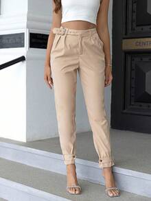 Women's Casual High Waist Belted Pants Spring - Khaki - View 3