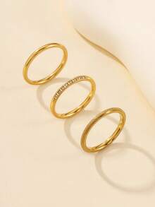 3件套不锈钢女士金色简约2毫米光滑哑光水钻戒指套装，适合日常佩戴或作为礼物 - 金黃色 - 查看 3