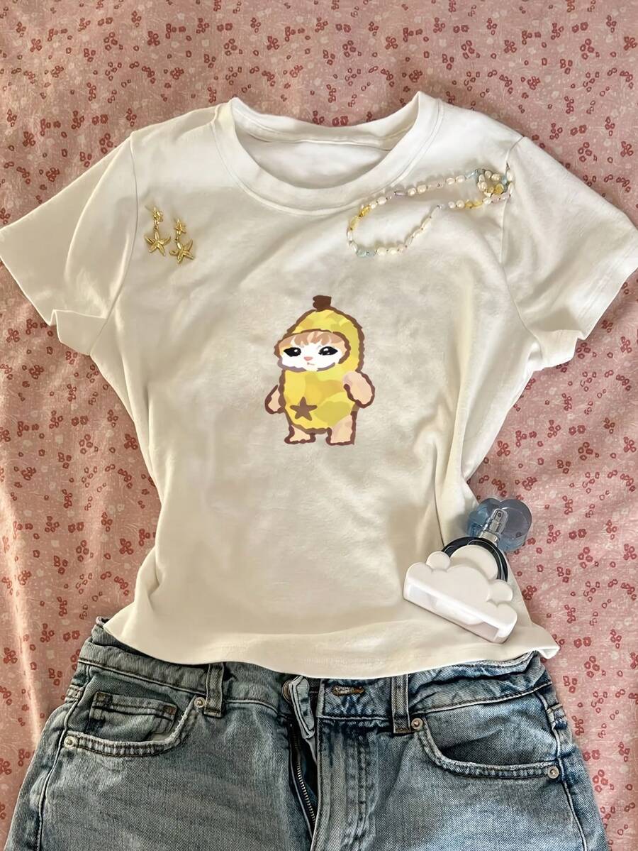 Summer New Arrival Unisex Teen White Crew Neck Tee, Cute Banana Cat Star Print, Slim Fit Short Sleeve For Summer Outings & Daily Wear - 白色 - 查看 1