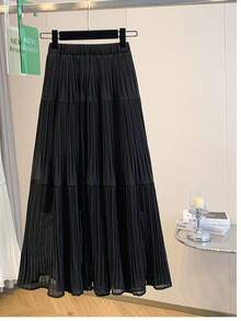 LuminousWealth Women's Elegant Pleated Maxi Skirt - Solid Color High Waist, Flowing Design, Suitable For All Seasons, High Waist Skirt Black Spring - Black - View 11