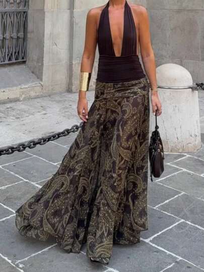 女士波西米亚风祖母绿复古腰果印花紧身半身裙，时尚百搭舒适性感度假长裙