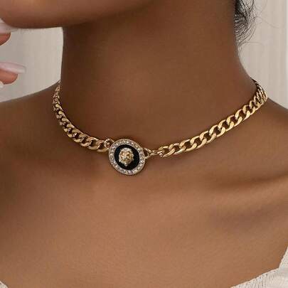 1pc European Style Fashionable Shiny Lion Head Pendant Necklace For Women