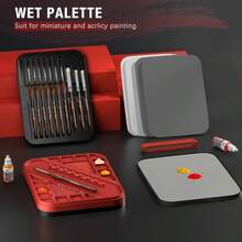 Palet húmedo para pintar miniaturas Paleta seca y húmeda 2 en 1 con tapa incluye 11 pinceles de pintura en miniatura 100 papeles de paleta 4 esponjas soportes para pinceles - RojoNegro - Ver 6