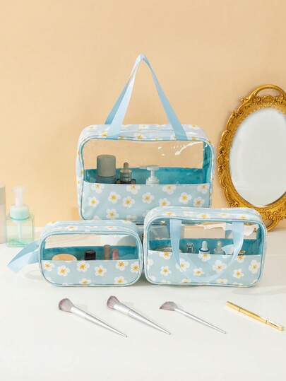 1pc Large Capacity PVC Floral Handbag, Solid Color Minimalist Toiletry Bag For Travel, Beach, Storing Skincare, Towels, Toothbrush Etc., Portable Unisex Use, Suitable For All Seasons