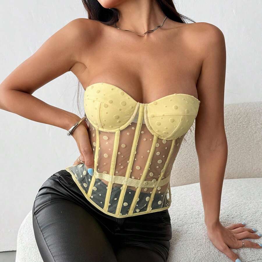 Pink & Black Polka Dot Corset With Structured Boning, Versatile For Seaside To Everyday Style. - Yellow - View 1