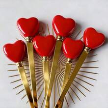 1/2/6/12pcs Ceramic Handle Stainless Steel Cutlery Set, Gold Fork & Spoon, Coffee Spoon, Ice Cream Dessert Spoon, Fruit Salad Fork, Creative Red Heart, Cute Stirring Seasoning Spoon, Party Afternoon Tea Tableware - Multicolor - View 4