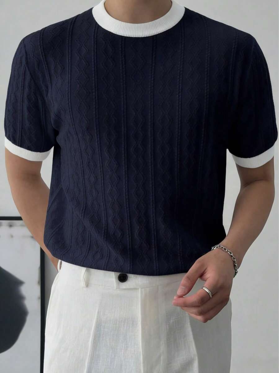 GRDR Men's Minimalist Fashion Knit T-Shirt Top - Daily Wear - Navy Blue - View 1