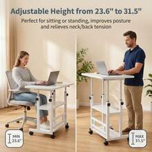 Upgraded Ergonomic Adjustable Height Rolling Desk, Mobile Sit-Stand Workstation With 3-Tier Storage Shelves, Sturdy C-Base Laptop Desk For Home Office & Bedside - 白色 - 查看 5
