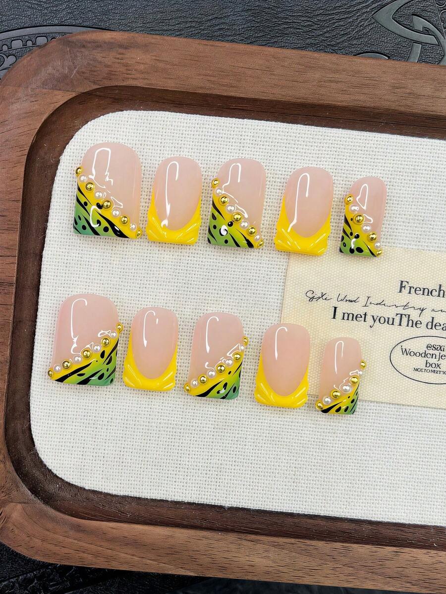 10pcs Y2K Nails Pipe-Shaped Press On Nails Set - Handcrafted, Pink Nails, Yellow Nails, Yellow And Green Gradient French Tip Nails, Hand Drawn Black Zebra Stripe And Yellow French Tip Style Design, Hand Drawn Green And Yellow Gradient Nails, Sparkling White Pearl And Gold Little Steel Ball Decoration - Nhiều màu - Xem 1