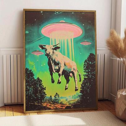 1 pieza Impresión de arte decorativo en lienzo vintage de OVNI de los años 50 sin marco - Decoración de pared de invasión alienígena retro, póster de alta definición adecuado para dormitorio, oficina, baño, hogar - Sin marco, colores vibrantes, decoración de habitación de OVNI