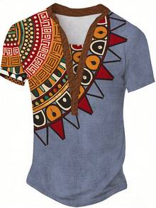 Camisa henley de manga corta con cuello de botones, de estampado africano verde, con cuello en V para hombres - Transpirable, de verano, casual y semi-formal, adecuada para vacaciones, playa, festivales y uso casual - Lavable a máquina, con tonos turquesa vibrantes y tonos terrosos - Multicolor - Ver 2