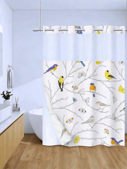 1/3件套鸟类爱好者自然主题双层浴帘浴室套装，72英寸*72英寸 - 可爱的麻雀和蝴蝶印花，防水耐用，浴室装饰配件，无钩浴帘带按扣式衬里，涤纶面料 - 可机洗，易于拆卸和携带，半透明顶部，透光性好。适用于节日装饰、家居/卧室/住宅/西式风格、春季装饰。