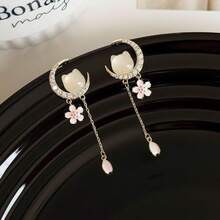 Cat-Shaped Crescent Earrings, Cute Pink Cherry Blossom Studs - Một đôi bông tai - Xem 8