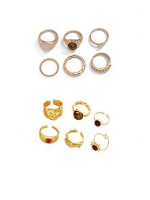 12件套简约小众设计金色向日葵亚克力法式复古风格戒指套装，奢华复古女士戒指，适合派对、送礼、日常佩戴 - 彩色 - 查看 3