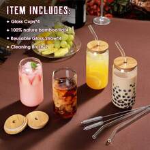 6 PCS Drinking Glasses With Bamboo Lids & Straws - 16oz Clear Water Cups For Iced Coffee, Tea, Cocktails, Whiskey, Soda. - 查看 6