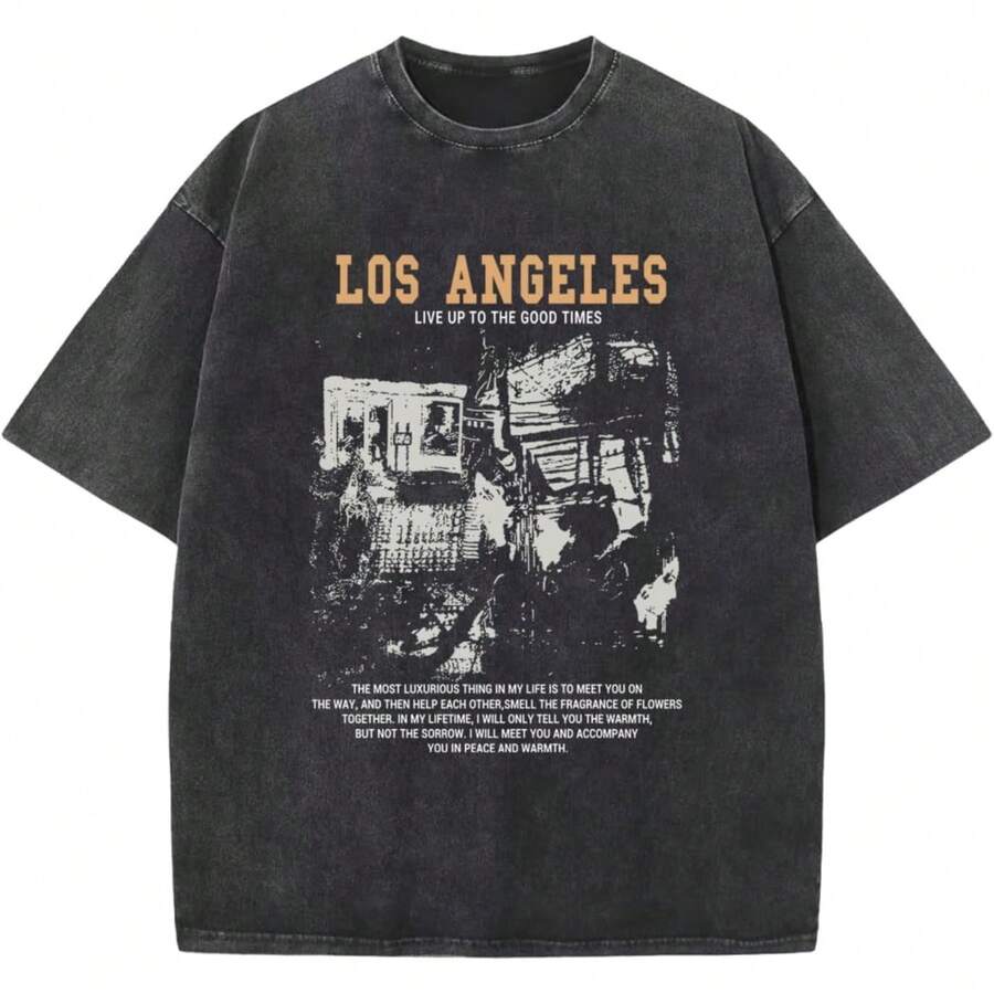 Oversized Graphic Tshirts For Men Acid Wash Los Angeles Vintage Tees Streetwear Baggy Cotton Shirts Casual Topssummer Outfits For Women - 黑色 - 查看 1