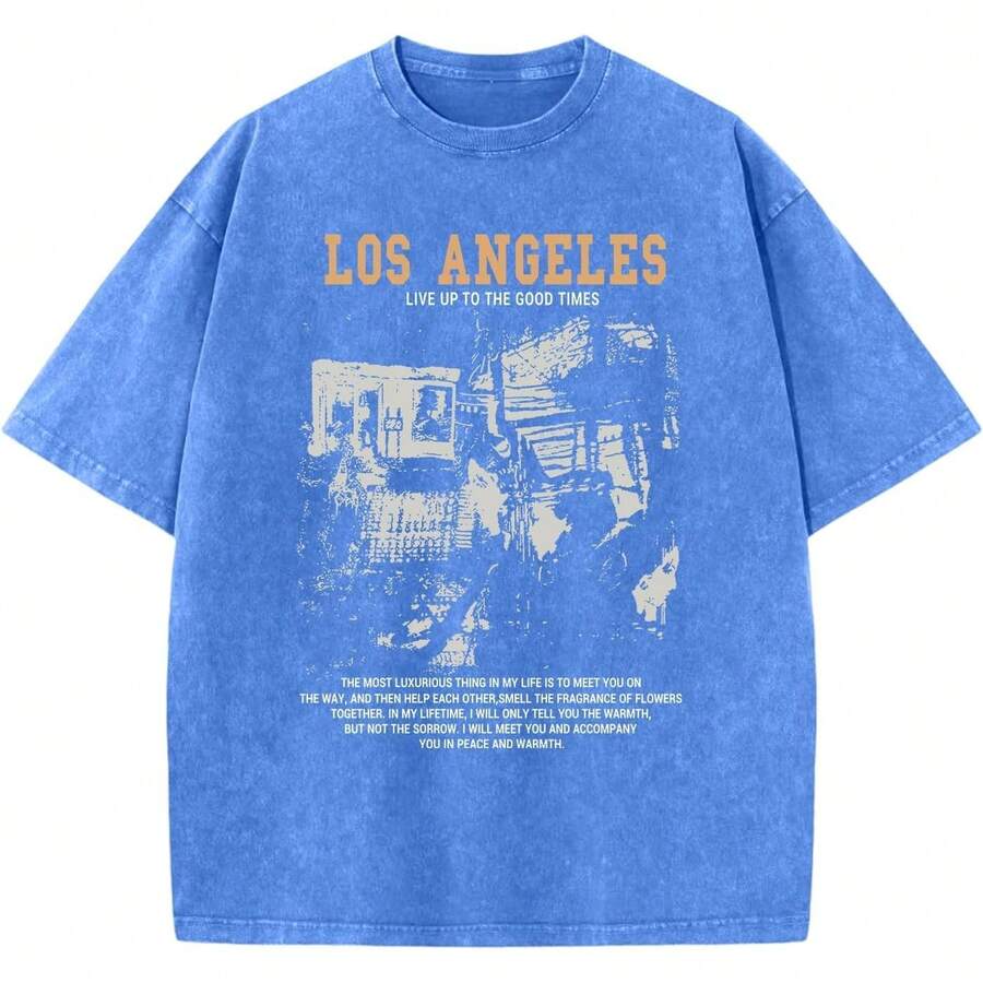Oversized Graphic Tshirts For Men Acid Wash Los Angeles Vintage Tees Streetwear Baggy Cotton Shirts Casual Topssummer Outfits For Women - Light Blue - 查看 1