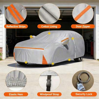 Capa de Carro SUV com Zíper Cinza, Resistente a Arranhões e Durável, Fácil de Instalar e Portátil, Anti-UV e Não Absorvente de Calor, com Faixa Reflexiva Laranja para Proteção Reforçada. Adequada para Veículos SUV.