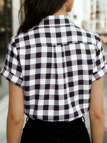 Chemise à carreaux à manches courtes et col pour femmes - Chemise à carreaux classique noir et blanc, convient pour le bureau, le travail, la maison et le port quotidien, printemps/été/automne - Noir et Blanc - Voir 3